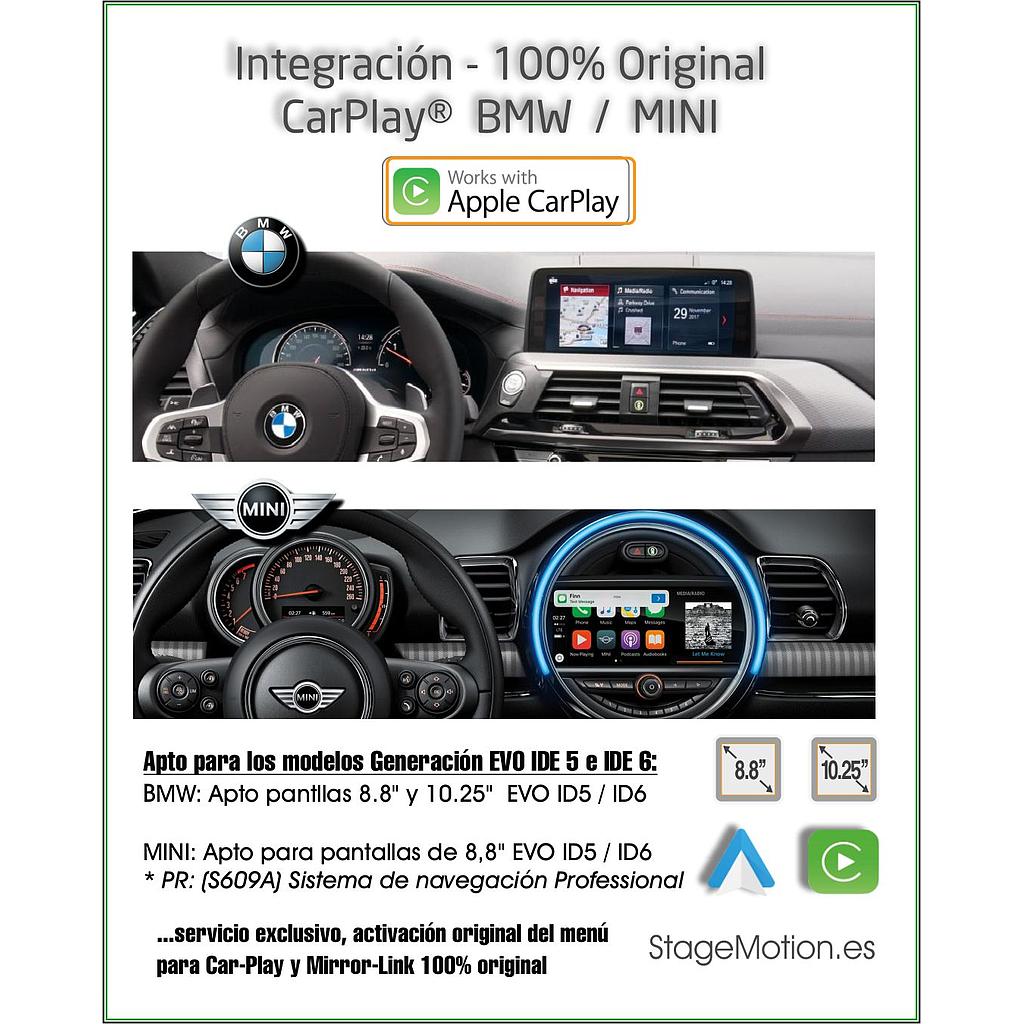 CarPlay® Original BMW / MINI (EVO IDE5 / ID6) + APP + Vídeo Activo + MirrorLink Wireless (IOS/Android)