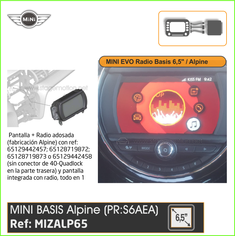 Interface Cámara Trasera MINI EVO Radio Alpine Basic 6,5&quot; Pantalla + Radio, todo en 1