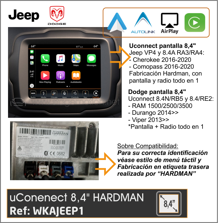 Kit Car-Play + Android-Auto + Mirror-Link + Visión 180º + USB Media JEEP/DODGE uConnect 8.4&quot; Hardman (2015-2020)
