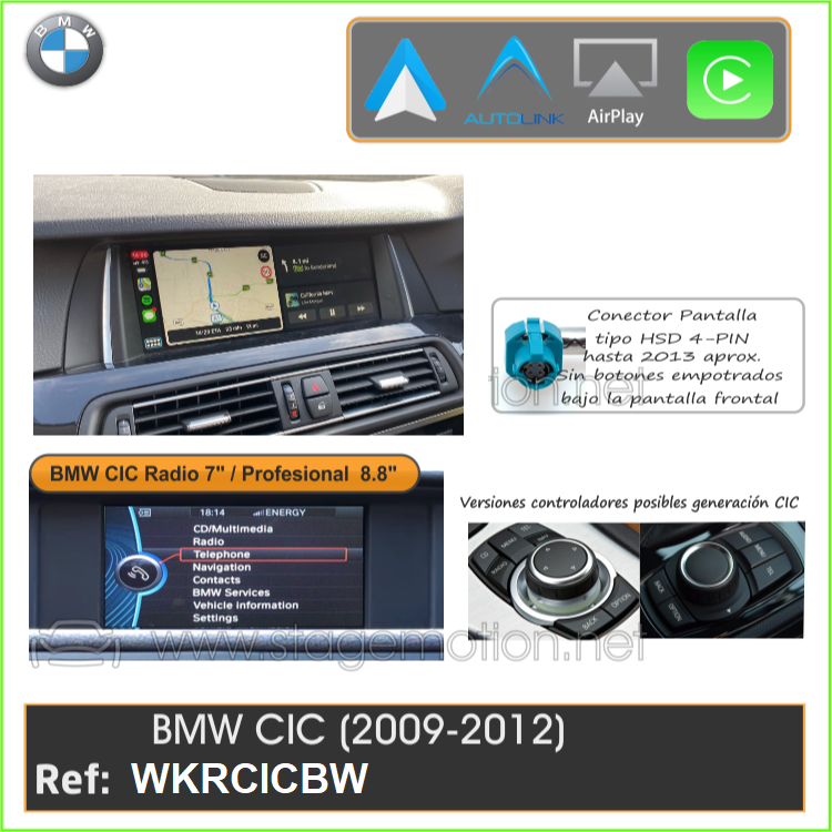 Kit Wireless Car-Play Wireless + Android Auto Wireless + Reproductor USB + Puertos Cámaras Visión BMW CIC (2009-2012)
