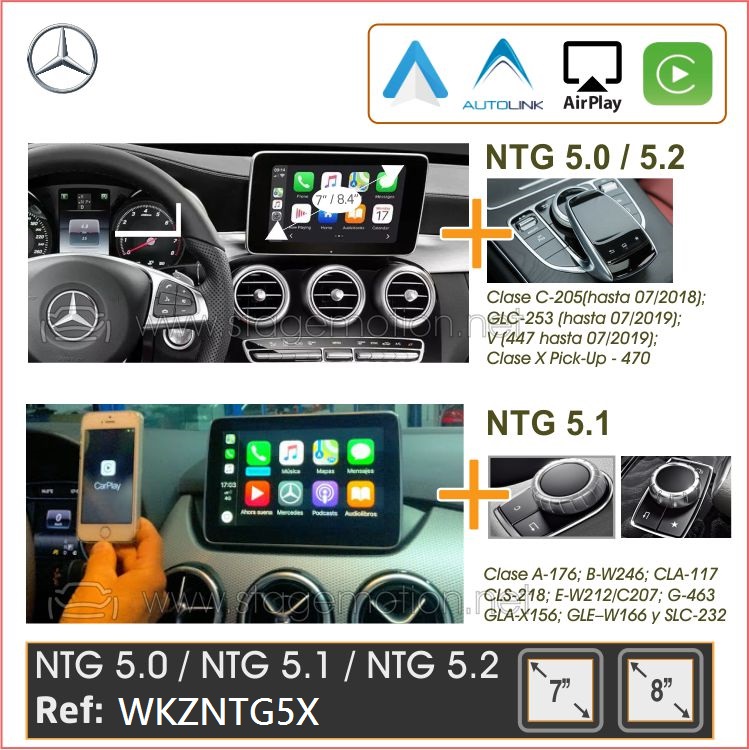 Kit MB NTG 5.0 / 5.1 / 5.2 (Audio20 7&quot; y 8.4&quot;) Car-Play Wireless + Android Auto + Mirror-Link + USB-HDMI + Visión 180º