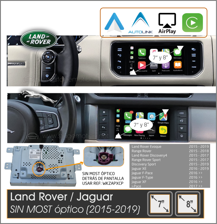 Kit Car-Play Wireless + AndroidAuto + USB LandRover/Jaguar (Versión IV de 7"/8") SIN MOST (2015-2019) Versión All-In-One