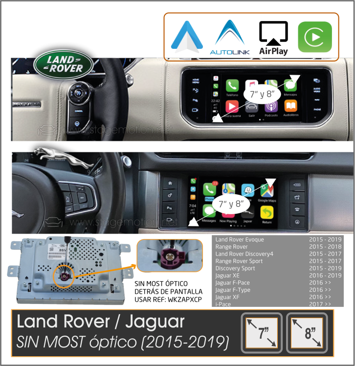 Kit Car-Play Wireless + AndroidAuto + USB LandRover/Jaguar (Versión IV de 7&quot;/8&quot;) SIN MOST (2015-2019) Versión All-In-One
