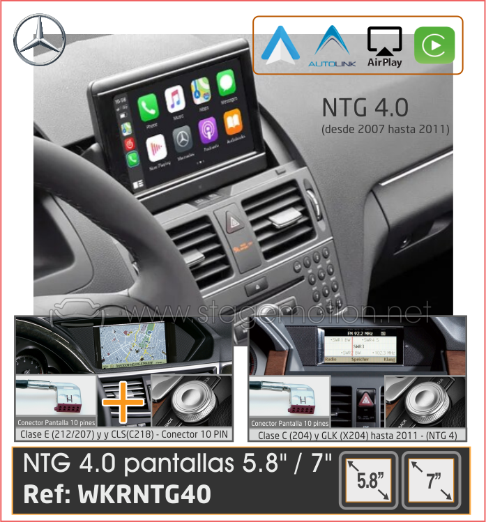 Kit Wireless Car-Play + Android Auto + Mirror-Link + USB + Puerto Cámara Visión Mercedes NTG4.5 (2007-2011) 5.8&quot; / 7&quot;