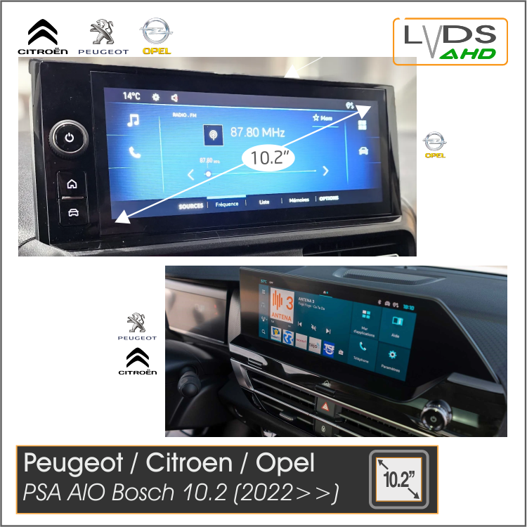 Interface AHD Video AIO BOSH + AHD Cámara Trasera Peugeot/Citroën/DS/OPEL/FIAT 10.25&quot; *Radio y pantalla en la misma unidad