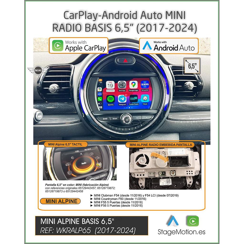 Kit Car-Play Wireless + Android Auto + USB + Cámaras Visión 180º Específico MINI (Alpine Basic 6,5&quot;) &quot;Pantalla+Radio, todo en 1&quot;