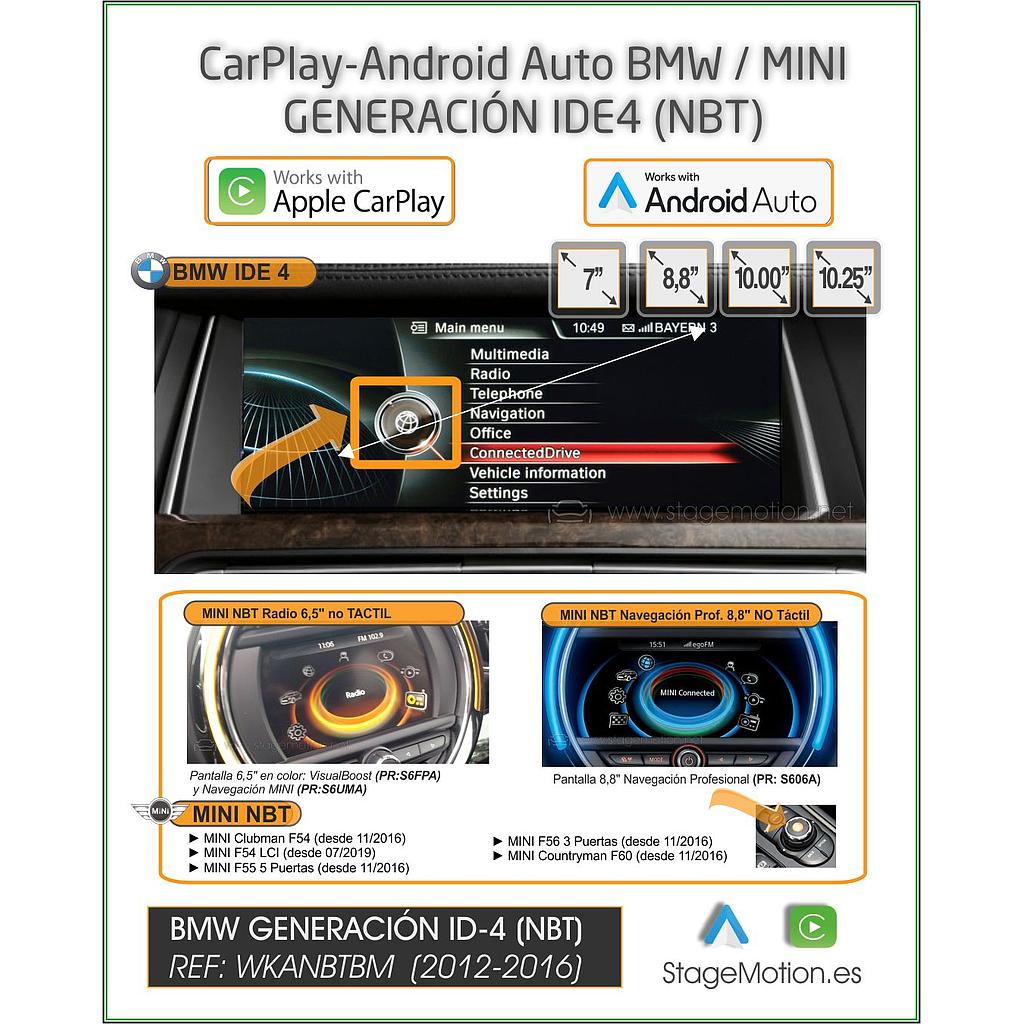Kit Plus BMW-MINI (NBT IDE4) Car-Play Wireless + Android Auto + Mirror-Link + USB + Visión AHD 180º (7"/8.8"/10"/10.25")
