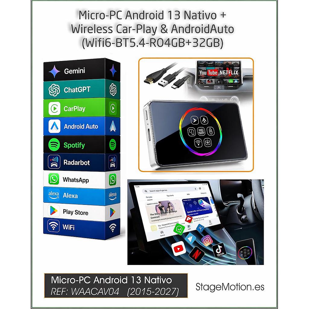 Micro-PC Android 13 Nativo-Libre + Wireless Car-Play &amp; AndroidAuto (WiFi_6 / BT5.4 / 4GB+32GB)
