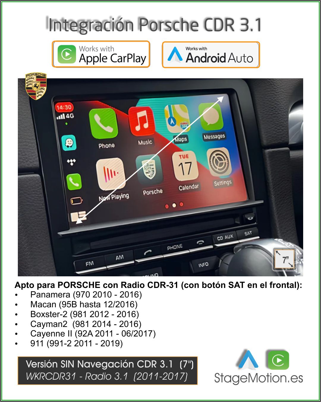 Kit Plus Porsche RADIO CDR-31 (2011-2015) Wireless Car-Play + Android Auto + USB Media + Visión 180º