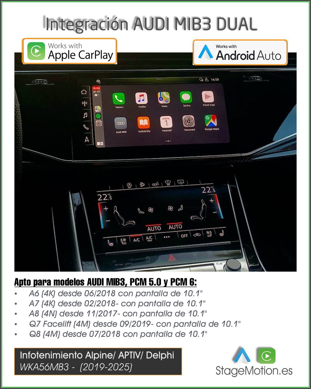 Kit Wireless Car-Play + Android Auto + Visión AHD AUDI MIB3 10"/13" y PORSCHE PCM 5.0/6.0(2018-2024)