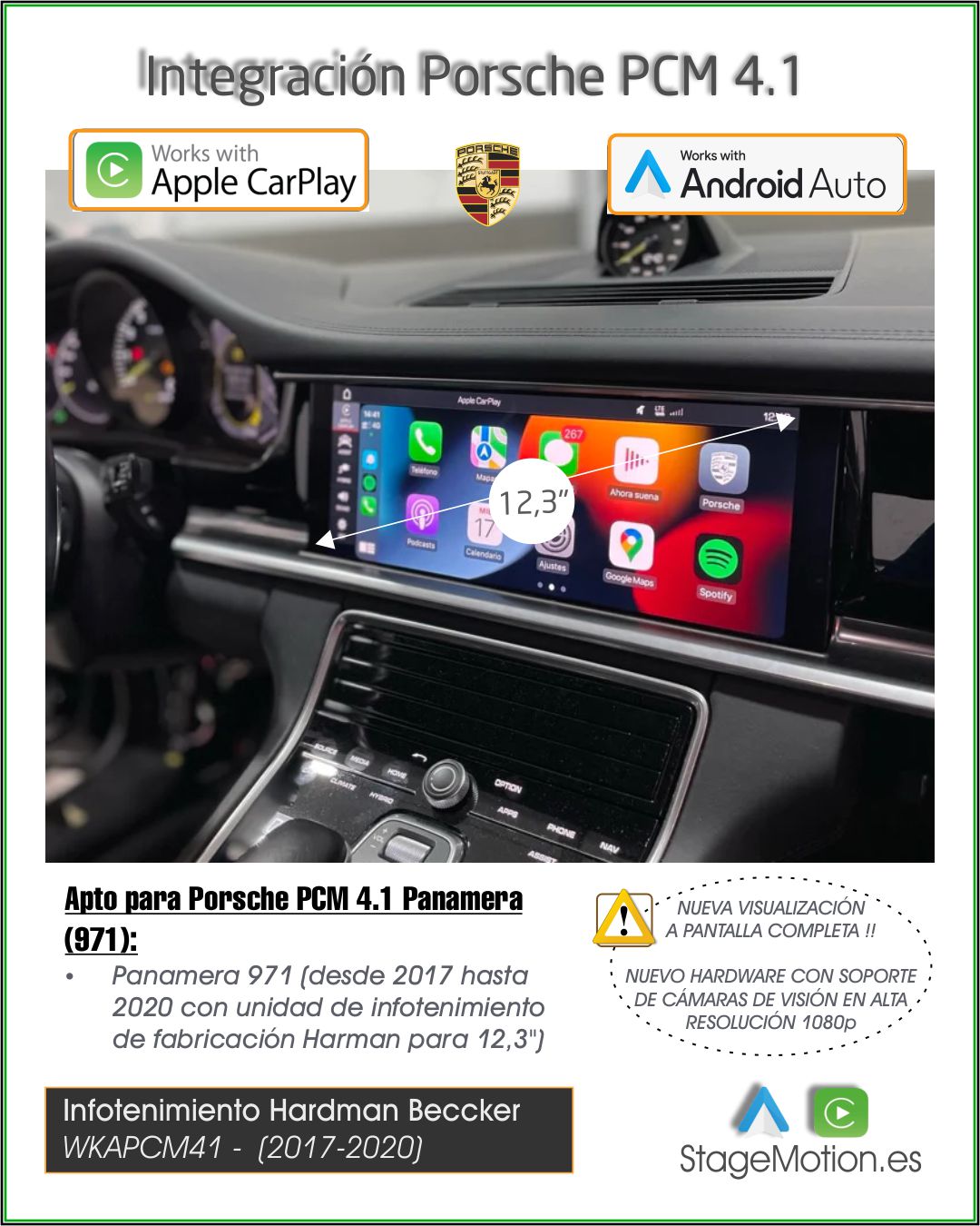 Kit Wireless Car-Play + Android Auto + Visión AHD Porsche Panamera PCM 4.1 (2017-2020)