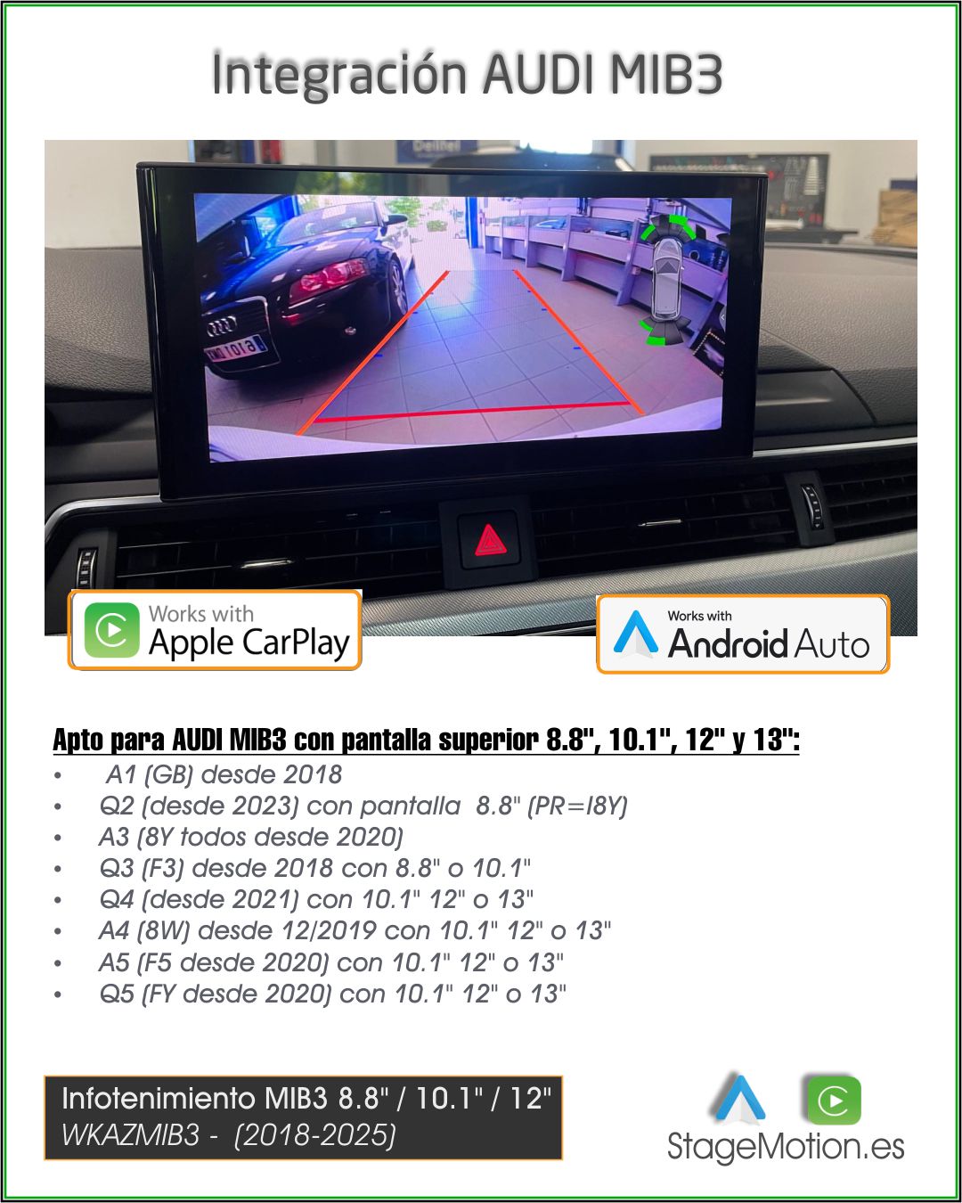 Kit Wireless Car-Play + Android Auto + Visión AHD MIB2P/MIB3/STD2 Audi 8.8"/10,1"/12" Táctil (2018-2025)