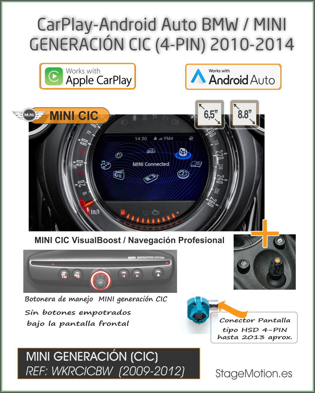 Kit Wireless Car-Play Wireless + Android Auto Wireless + Reproductor USB + Puertos Cámaras Visión BMW CIC (2009-2012)