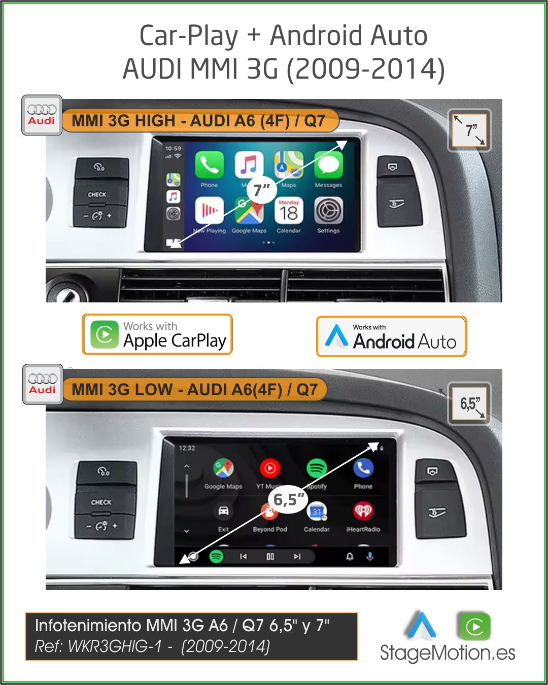 Kit Plus Audi MMI 3G HIGH / LOW A4/A5/Q5/A6/A7/Q7(2009-2014) Car-Play Wireless + Android Auto + Mirror-Link + USB + Visión 180º