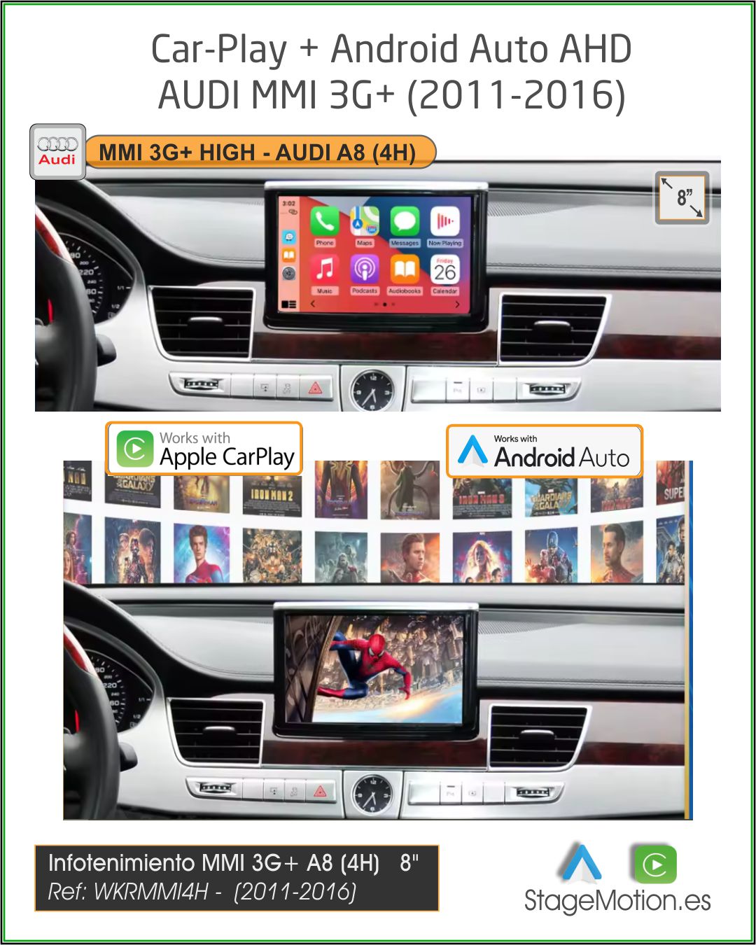 Kit Plus Audi A8(4H 2011-2016) Car-Play Wireless + Android Auto + Mirror-Link + USB + Visión 180º