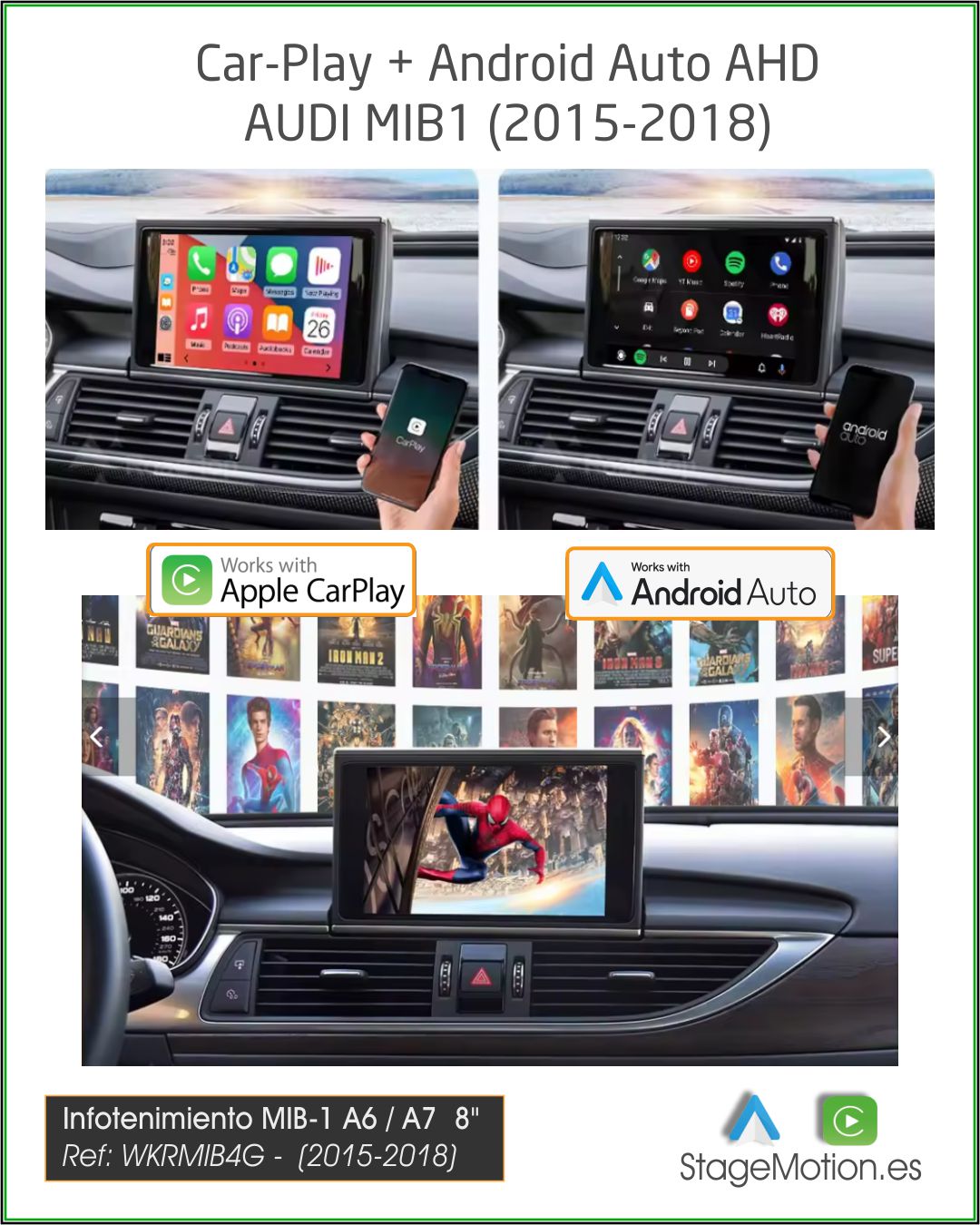 Kit Plus Audi MIB1 (8" A6/A7/A8 2015-2018) Car-Play Wireless + Android Auto + Mirror-Link + USB + Visión 180º