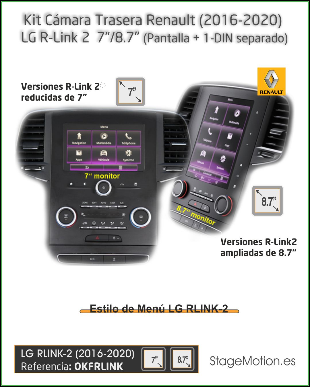 Kit Cámara Trasera Renault R-Link2 (LG) Pantallas 7"/8,7" (2016-2020)