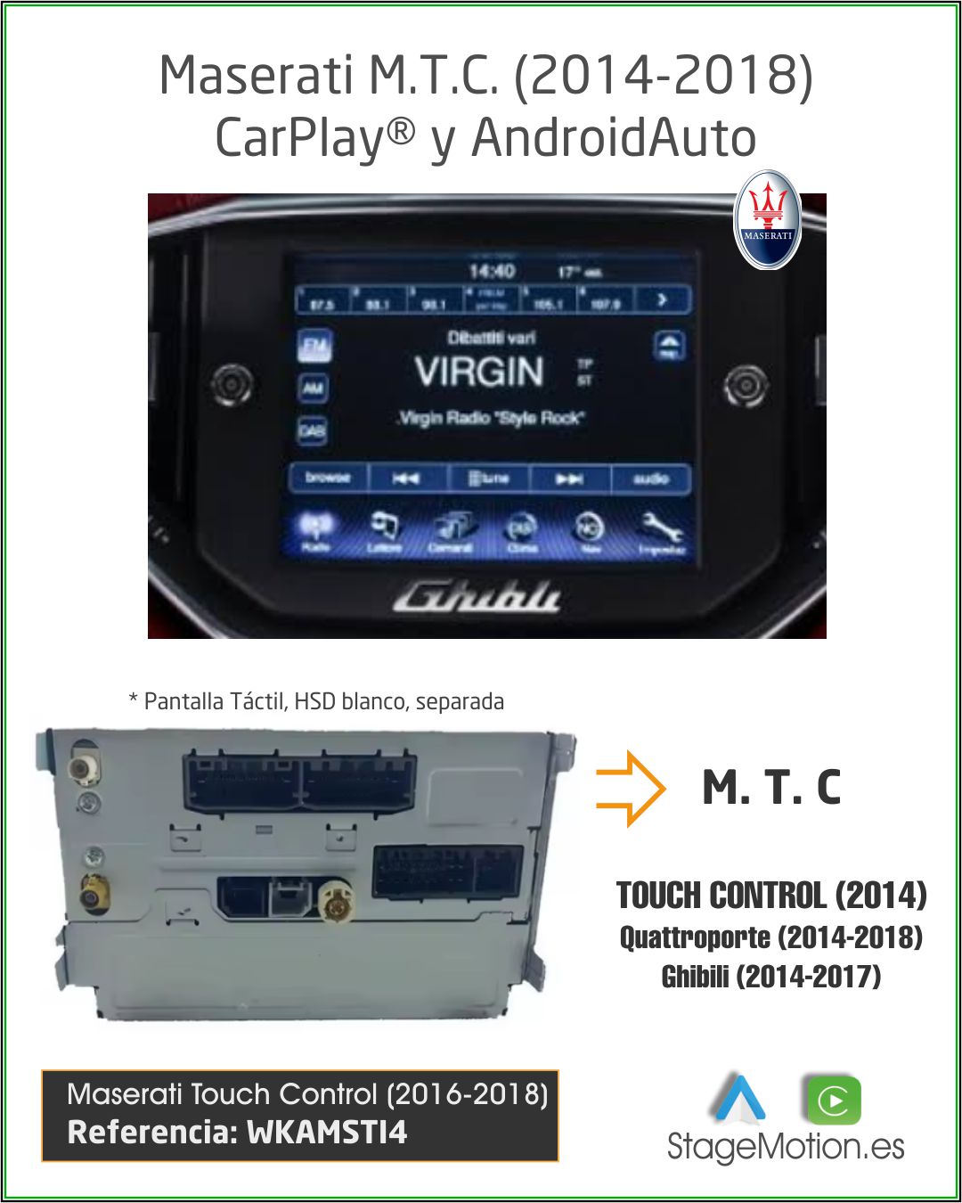 Kit Wireless Car-Play + Android Auto + Reproductor USB + Puertos Cámaras Visión Maserati MTC (2014-2016)