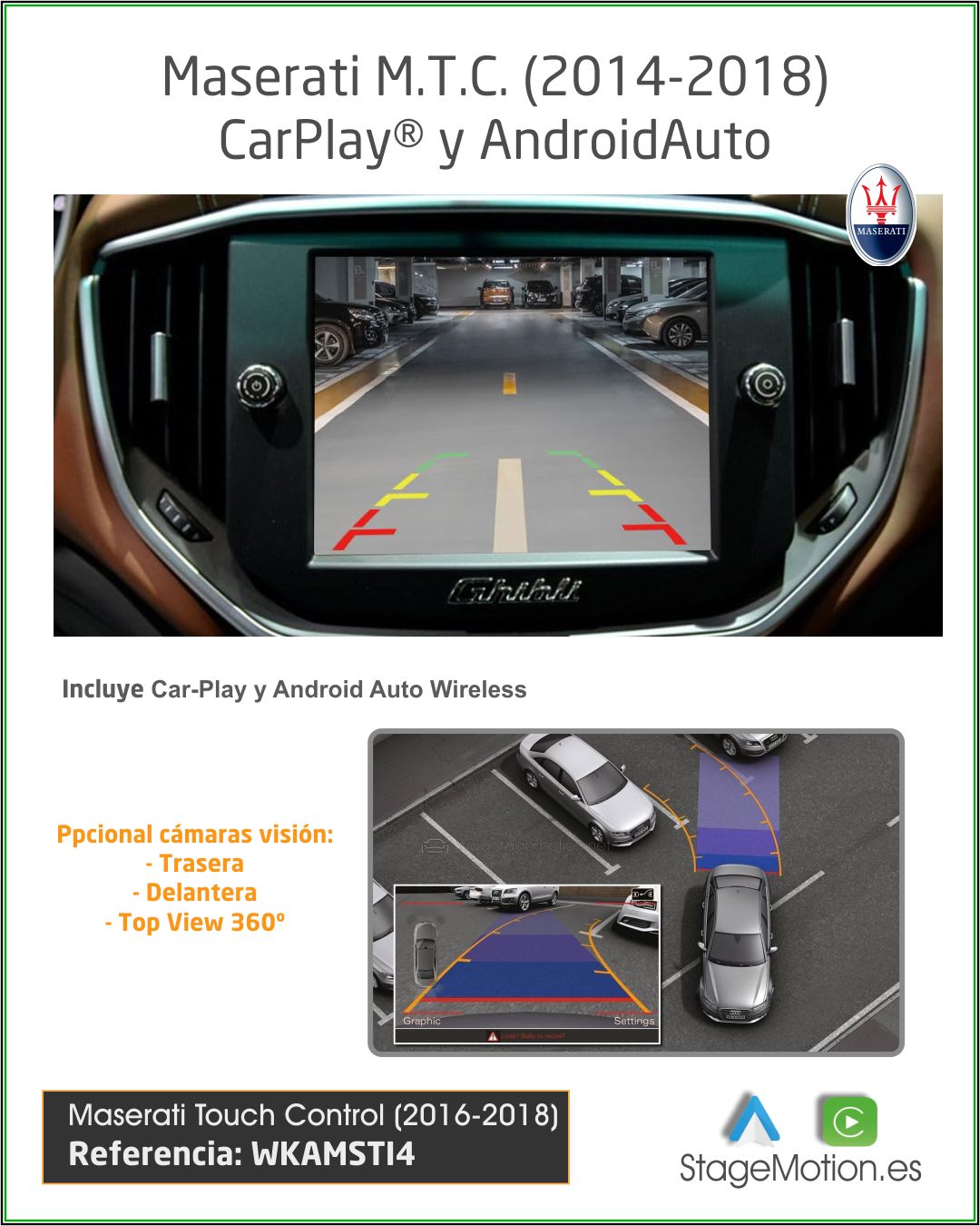 Kit Wireless Car-Play + Android Auto + Reproductor USB + Puertos Cámaras Visión Maserati MTC (2014-2016)