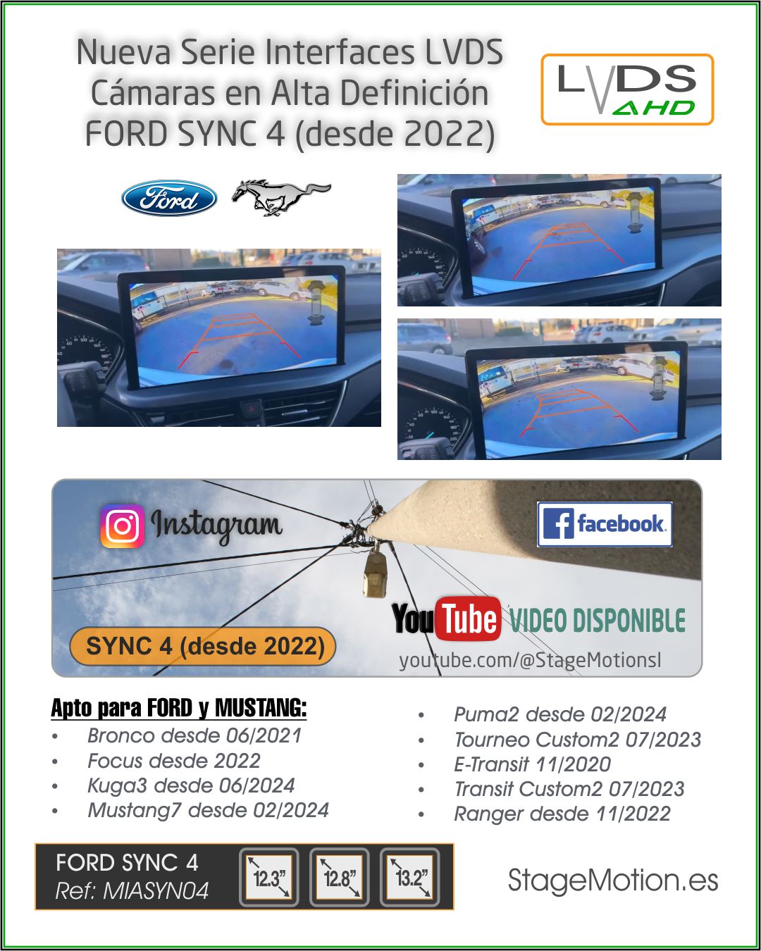 Interface AHD Vídeo Aux + Cámaras Visión FORD SYNC4 12.3" / 12.8" / 13,2"