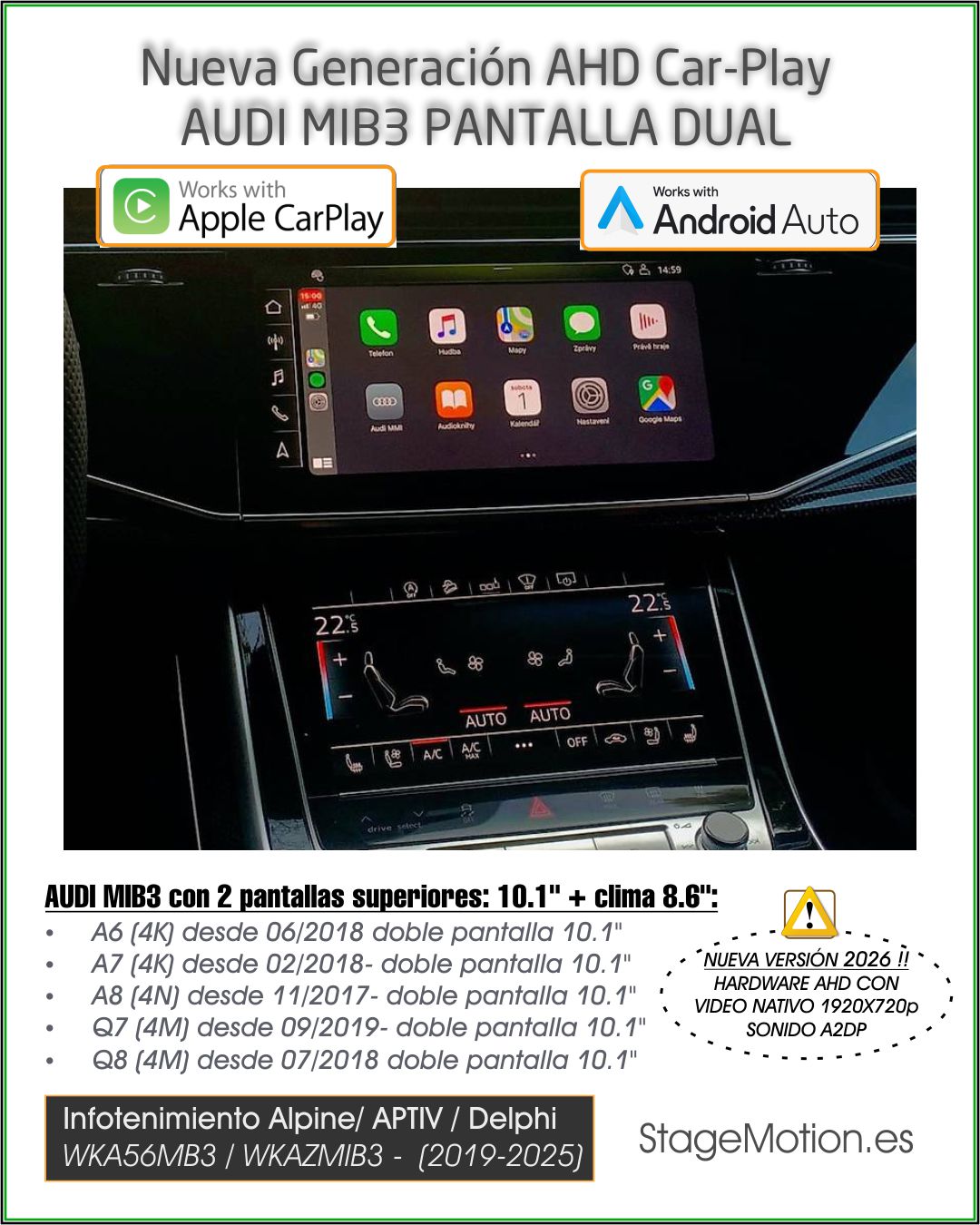 Kit Wireless Car-Play + Android Auto + Visión AHD MIB2P/MIB3/STD2 Audi/VAG 8.8"/10,1"/10.4"/12"/13" Táctil (2018-2025)