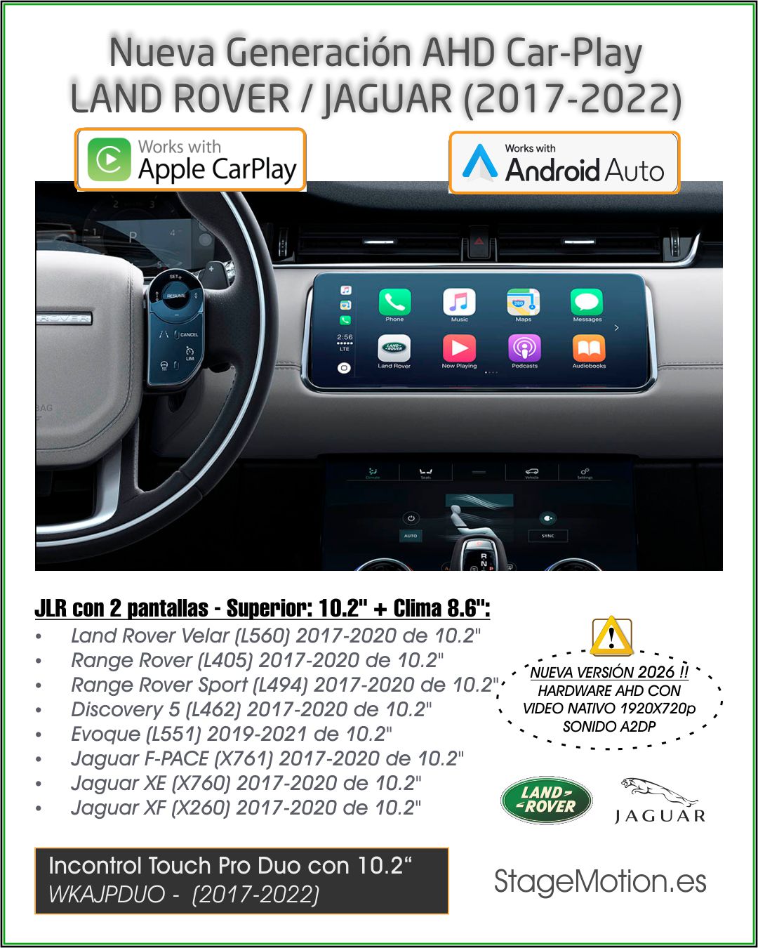 Kit Car-Play Wireless + AndroidAuto + AHD LandRover/Jaguar (InTouch PRO DUO 10,2" (2017-2021)