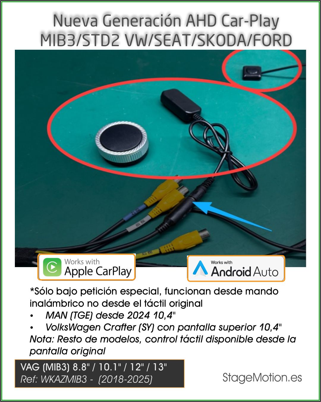Kit Wireless Car-Play + Android Auto + Visión AHD MIB3/STD2 VW/SEAT/SKODA/FORD 8.8"/10,1"/10.4"/12"/13" (2018-2025)