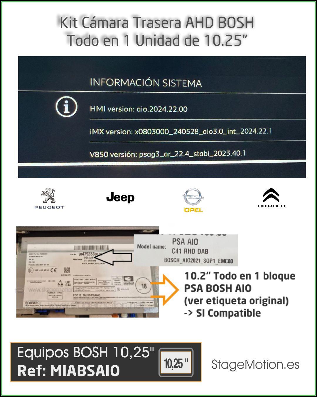 Kit Cámara Trasera AHD AIO BOSH Peugeot/Citroën/DS/OPEL/FIAT 10.25" *Radio y pantalla en 1