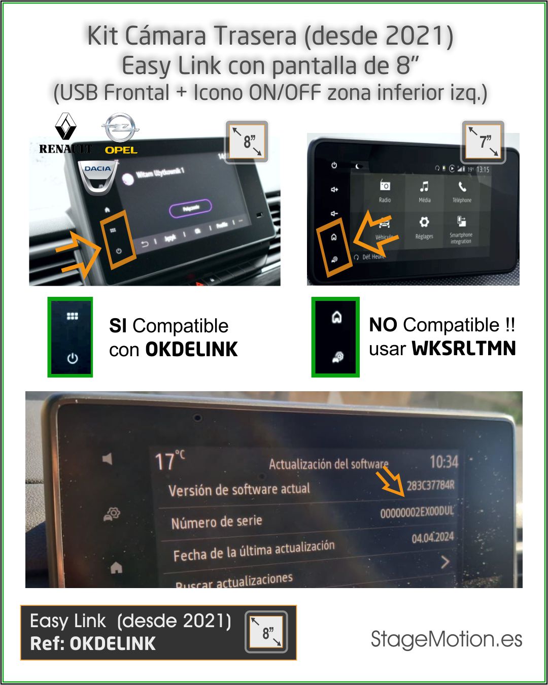 Kit Cámara Trasera + Cableado + Codificador Renault/Dacia/Nissan Easy Link 8" *Pantalla + 1-DIN adosado