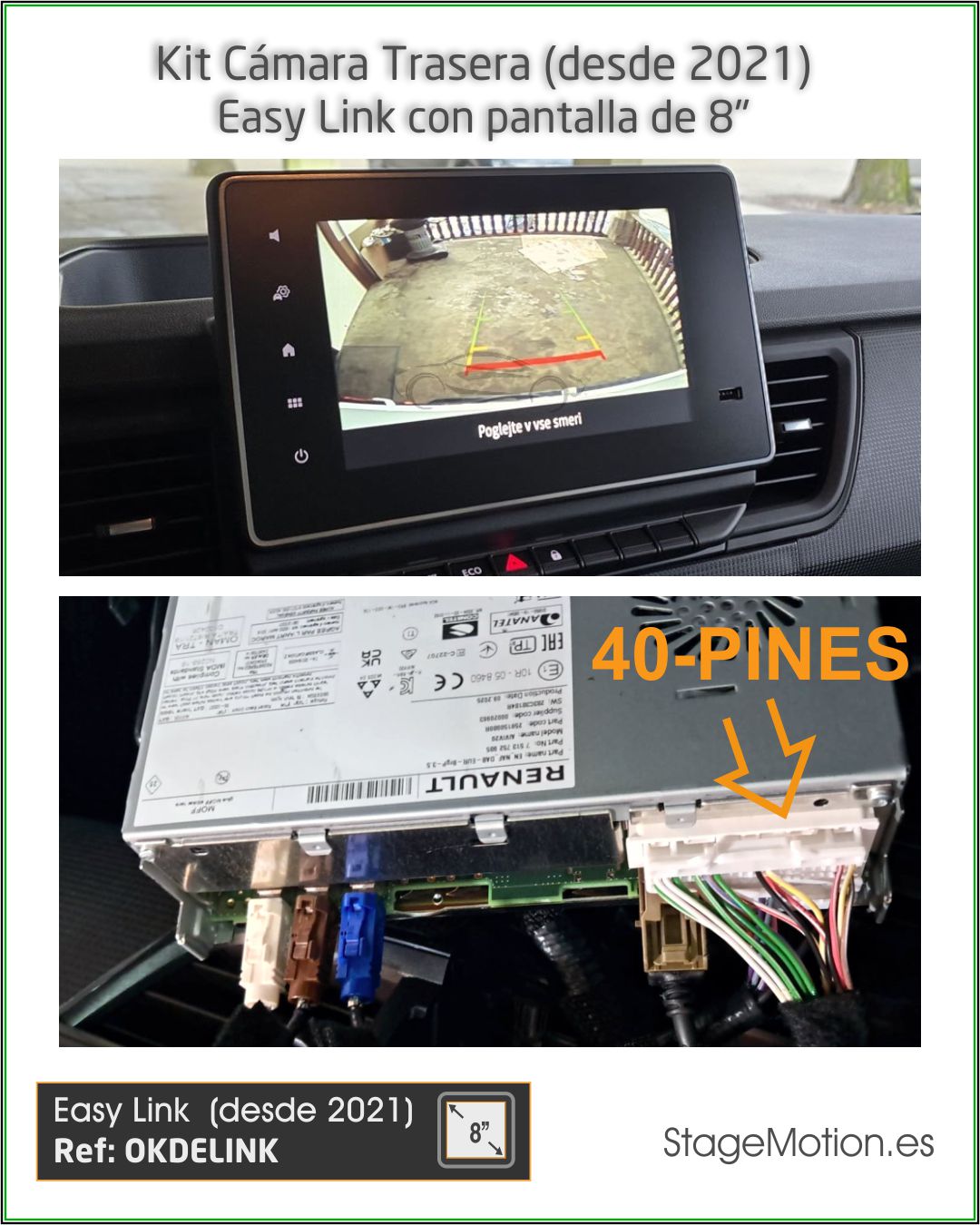 Kit Cámara Trasera + Cableado + Codificador Renault/Dacia/Nissan Easy Link 8" *Pantalla + 1-DIN adosado