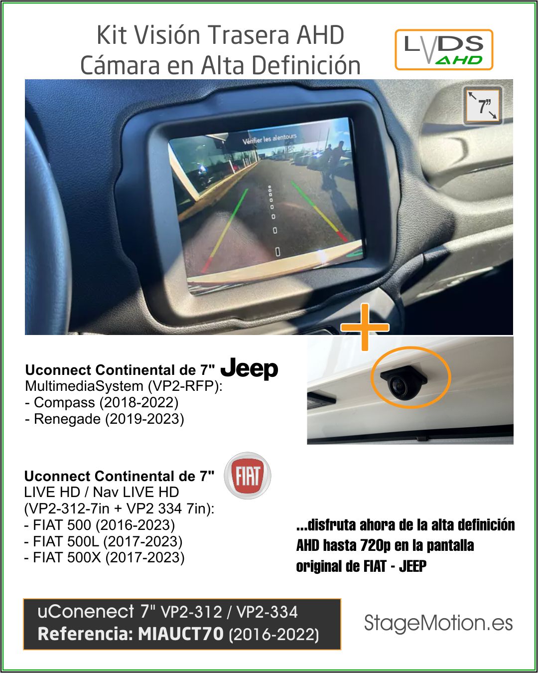 Kit Cámara Trasera AHD FIAT-JEEP Uconnect 7 (LIVE HD + Nav LIVE HD pantalla 7")