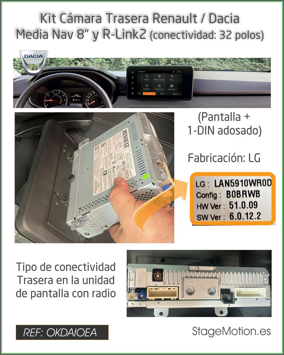 Kit Cámara Trasera Renault R-Link2/Dacia MediaNAV 8" 32 polos
