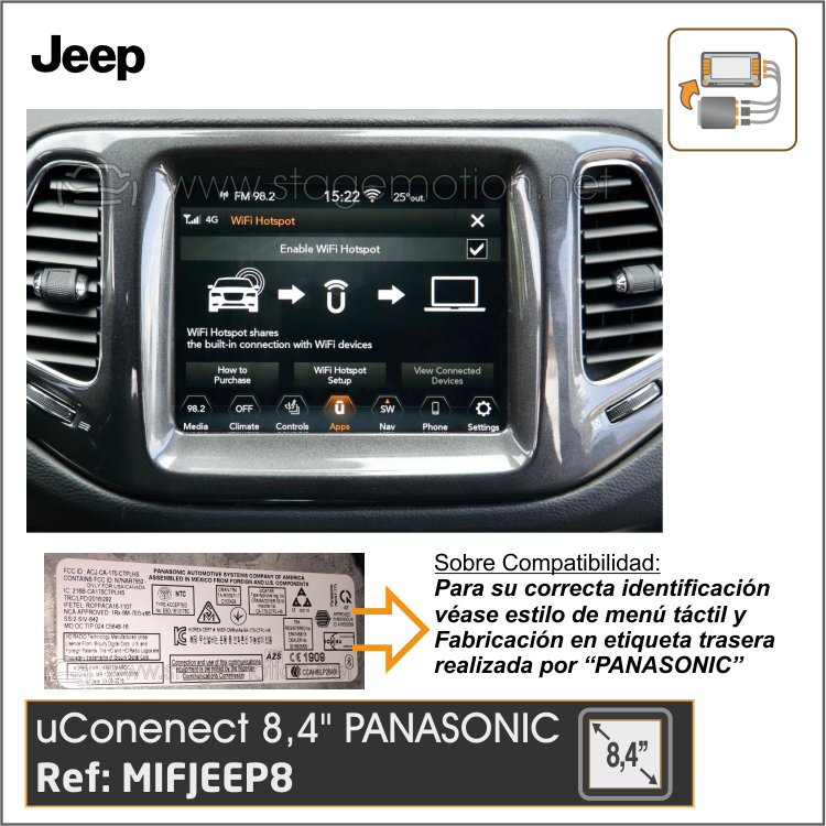 Interface Vídeo + Cámaras Visión JEEP Uconnect 8.4&quot; (4C UAQ) - Panasonic radio y pantalla adosados