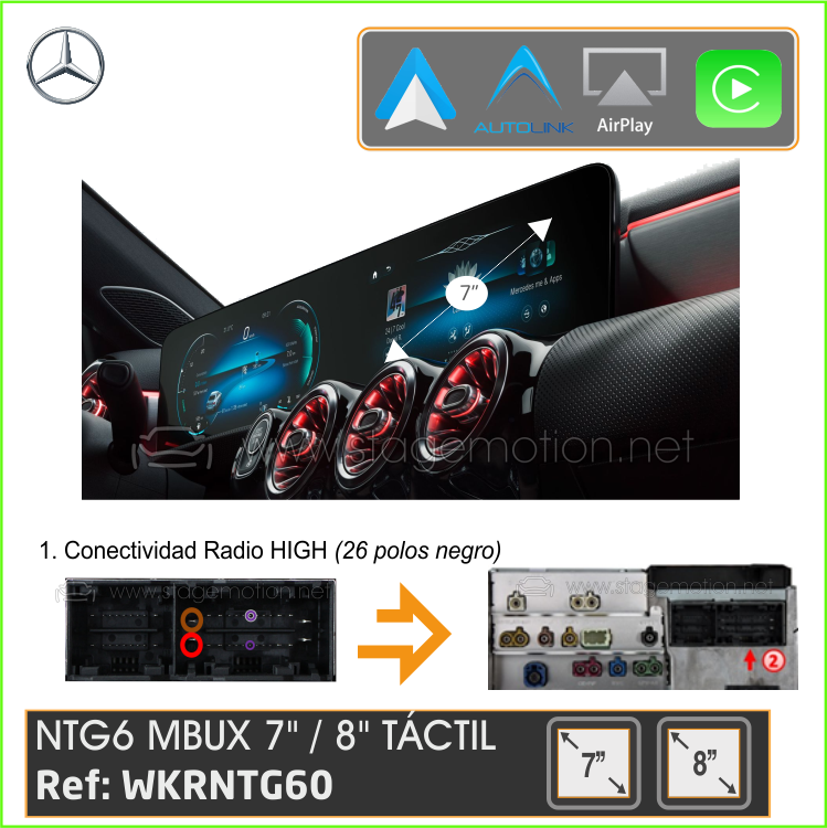 Kit Car-Play Wireless + Android Auto + USB Multimedia Mercedes MBUX NTG6 (Pantalla 7&quot; Táctil 26-Polos)