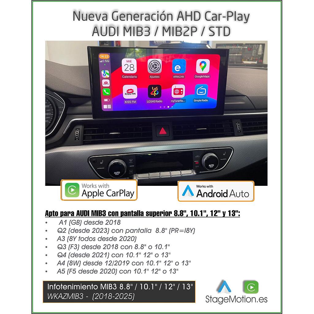 Kit Wireless Car-Play + Android Auto + Visión AHD MIB2P/MIB3/STD2 Audi 8.8&quot;/10,1&quot;/12&quot; Táctil (2018-2025)