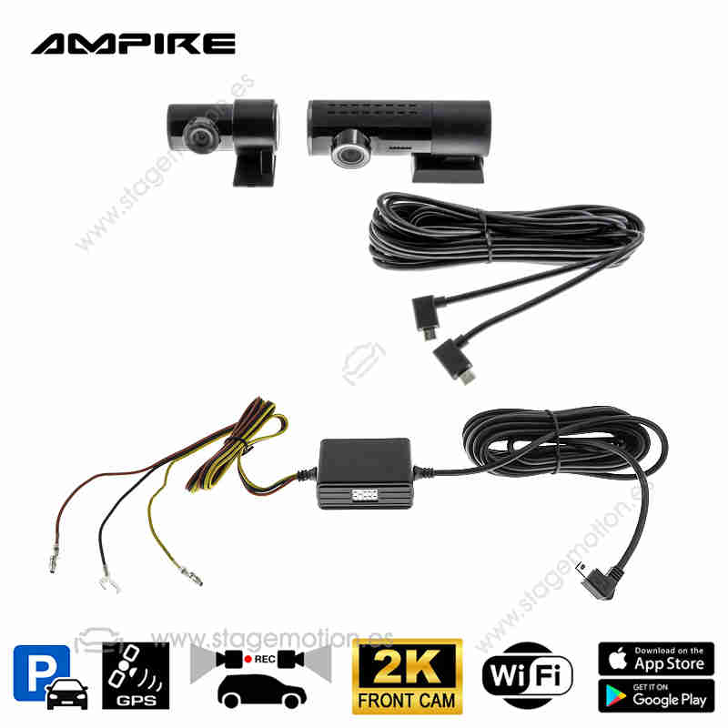 Kit Dashcam dual AMPIRE, cámara frontal 2K y cámara trasera AHD, WiFi y GPS