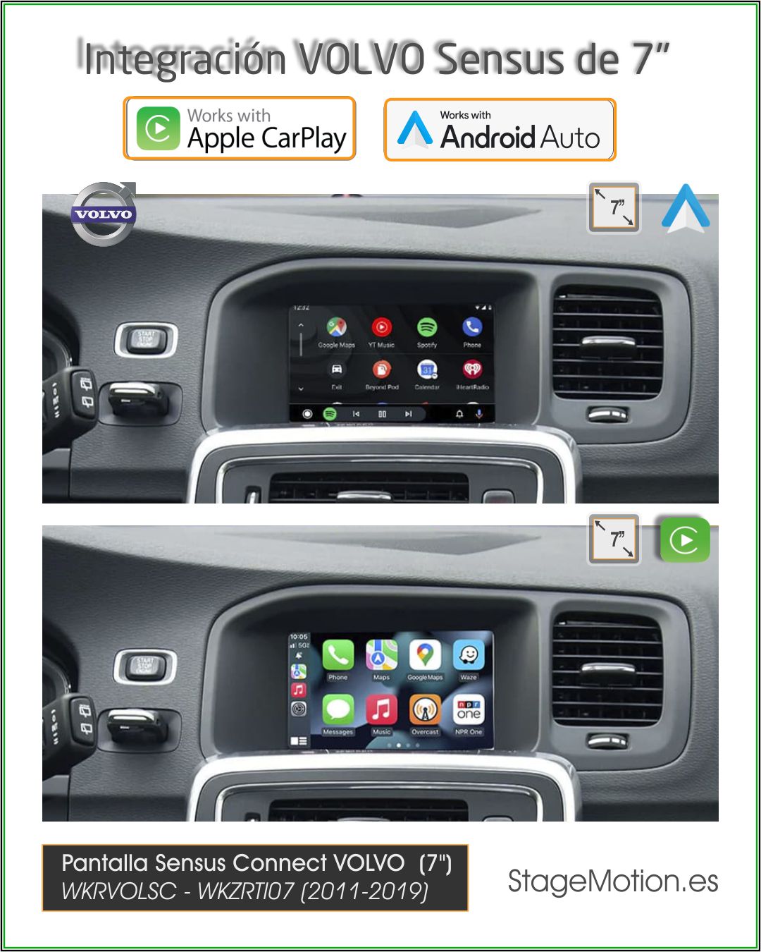 Kit Car-Play Wireless + Android Auto + USB + Cámaras Visión 180º Específico VOLVO Sensus RTI (7" MOST 2011-2014) *Sin tecla "Internet" bajo tecla "MY CAR"